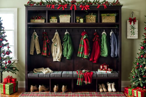 photo from pinterest of christmas-style interior designed (drop zone interior) with shelves for shoes and lockers and cabinets and a bench and storage baskets and storage drawers and cubbies and wall hooks for coats. . with snow outside and berries and greenery draped and a few big socks hanging and giftwrapped gifts and ribbons and tie pinecones and berries and christmas ornaments and plaid rugs. . cinematic photo, highly detailed, cinematic lighting, ultra-detailed, ultrarealistic, photorealism, 8k. trending on pinterest. christmas interior design style. masterpiece, cinematic light, ultrarealistic+, photorealistic+, 8k, raw photo, realistic, sharp focus on eyes, (symmetrical eyes), (intact eyes), hyperrealistic, highest quality, best quality, , highly detailed, masterpiece, best quality, extremely detailed 8k wallpaper, masterpiece, best quality, ultra-detailed, best shadow, detailed background, detailed face, detailed eyes, high contrast, best illumination, detailed face, dulux, caustic, dynamic angle, detailed glow. dramatic lighting. highly detailed, insanely detailed hair, symmetrical, intricate details, professionally retouched, 8k high definition. strong bokeh. award winning photo.