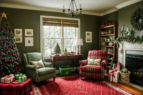 photo from pinterest of christmas-style interior designed (study room interior) with lounge chair and desk lamp and writing desk and cabinets and bookshelves and office chair and plant and lounge chair. . with berries and greenery draped and giftwrapped gifts and snow outside and ribbons and plaid rugs and a few big socks hanging and tie pinecones and berries and christmas ornaments. . cinematic photo, highly detailed, cinematic lighting, ultra-detailed, ultrarealistic, photorealism, 8k. trending on pinterest. christmas interior design style. masterpiece, cinematic light, ultrarealistic+, photorealistic+, 8k, raw photo, realistic, sharp focus on eyes, (symmetrical eyes), (intact eyes), hyperrealistic, highest quality, best quality, , highly detailed, masterpiece, best quality, extremely detailed 8k wallpaper, masterpiece, best quality, ultra-detailed, best shadow, detailed background, detailed face, detailed eyes, high contrast, best illumination, detailed face, dulux, caustic, dynamic angle, detailed glow. dramatic lighting. highly detailed, insanely detailed hair, symmetrical, intricate details, professionally retouched, 8k high definition. strong bokeh. award winning photo.