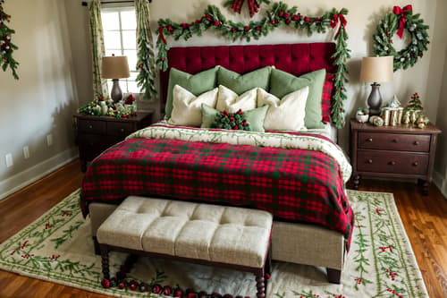 photo from pinterest of christmas-style interior designed (bedroom interior) with bed and storage bench or ottoman and headboard and plant and accent chair and bedside table or night stand and dresser closet and mirror. . with giftwrapped gifts and tie pinecones and berries and ribbons and berries and greenery draped and christmas ornaments and snow outside and plaid rugs and a few big socks hanging. . cinematic photo, highly detailed, cinematic lighting, ultra-detailed, ultrarealistic, photorealism, 8k. trending on pinterest. christmas interior design style. masterpiece, cinematic light, ultrarealistic+, photorealistic+, 8k, raw photo, realistic, sharp focus on eyes, (symmetrical eyes), (intact eyes), hyperrealistic, highest quality, best quality, , highly detailed, masterpiece, best quality, extremely detailed 8k wallpaper, masterpiece, best quality, ultra-detailed, best shadow, detailed background, detailed face, detailed eyes, high contrast, best illumination, detailed face, dulux, caustic, dynamic angle, detailed glow. dramatic lighting. highly detailed, insanely detailed hair, symmetrical, intricate details, professionally retouched, 8k high definition. strong bokeh. award winning photo.