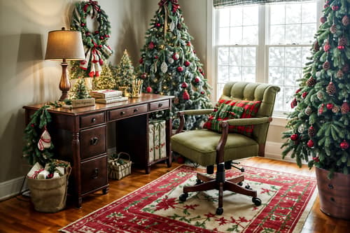photo from pinterest of christmas-style interior designed (home office interior) with office chair and cabinets and plant and desk lamp and computer desk and office chair. . with a few big socks hanging and tie pinecones and berries and plaid rugs and berries and greenery draped and christmas ornaments and giftwrapped gifts and snow outside and ribbons. . cinematic photo, highly detailed, cinematic lighting, ultra-detailed, ultrarealistic, photorealism, 8k. trending on pinterest. christmas interior design style. masterpiece, cinematic light, ultrarealistic+, photorealistic+, 8k, raw photo, realistic, sharp focus on eyes, (symmetrical eyes), (intact eyes), hyperrealistic, highest quality, best quality, , highly detailed, masterpiece, best quality, extremely detailed 8k wallpaper, masterpiece, best quality, ultra-detailed, best shadow, detailed background, detailed face, detailed eyes, high contrast, best illumination, detailed face, dulux, caustic, dynamic angle, detailed glow. dramatic lighting. highly detailed, insanely detailed hair, symmetrical, intricate details, professionally retouched, 8k high definition. strong bokeh. award winning photo.