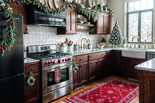 photo from pinterest of christmas-style interior designed (kitchen interior) with stove and kitchen cabinets and plant and worktops and sink and refrigerator and stove. . with snow outside and ribbons and plaid rugs and tie pinecones and berries and giftwrapped gifts and berries and greenery draped and a few big socks hanging and christmas ornaments. . cinematic photo, highly detailed, cinematic lighting, ultra-detailed, ultrarealistic, photorealism, 8k. trending on pinterest. christmas interior design style. masterpiece, cinematic light, ultrarealistic+, photorealistic+, 8k, raw photo, realistic, sharp focus on eyes, (symmetrical eyes), (intact eyes), hyperrealistic, highest quality, best quality, , highly detailed, masterpiece, best quality, extremely detailed 8k wallpaper, masterpiece, best quality, ultra-detailed, best shadow, detailed background, detailed face, detailed eyes, high contrast, best illumination, detailed face, dulux, caustic, dynamic angle, detailed glow. dramatic lighting. highly detailed, insanely detailed hair, symmetrical, intricate details, professionally retouched, 8k high definition. strong bokeh. award winning photo.