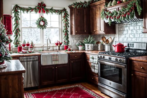 photo from pinterest of christmas-style interior designed (kitchen interior) with stove and kitchen cabinets and plant and worktops and sink and refrigerator and stove. . with snow outside and ribbons and plaid rugs and tie pinecones and berries and giftwrapped gifts and berries and greenery draped and a few big socks hanging and christmas ornaments. . cinematic photo, highly detailed, cinematic lighting, ultra-detailed, ultrarealistic, photorealism, 8k. trending on pinterest. christmas interior design style. masterpiece, cinematic light, ultrarealistic+, photorealistic+, 8k, raw photo, realistic, sharp focus on eyes, (symmetrical eyes), (intact eyes), hyperrealistic, highest quality, best quality, , highly detailed, masterpiece, best quality, extremely detailed 8k wallpaper, masterpiece, best quality, ultra-detailed, best shadow, detailed background, detailed face, detailed eyes, high contrast, best illumination, detailed face, dulux, caustic, dynamic angle, detailed glow. dramatic lighting. highly detailed, insanely detailed hair, symmetrical, intricate details, professionally retouched, 8k high definition. strong bokeh. award winning photo.