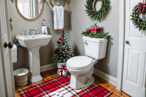 photo from pinterest of christmas-style interior designed (toilet interior) with sink with tap and toilet with toilet seat up and toilet paper hanger and sink with tap. . with plaid rugs and christmas ornaments and snow outside and a few big socks hanging and tie pinecones and berries and ribbons and giftwrapped gifts and berries and greenery draped. . cinematic photo, highly detailed, cinematic lighting, ultra-detailed, ultrarealistic, photorealism, 8k. trending on pinterest. christmas interior design style. masterpiece, cinematic light, ultrarealistic+, photorealistic+, 8k, raw photo, realistic, sharp focus on eyes, (symmetrical eyes), (intact eyes), hyperrealistic, highest quality, best quality, , highly detailed, masterpiece, best quality, extremely detailed 8k wallpaper, masterpiece, best quality, ultra-detailed, best shadow, detailed background, detailed face, detailed eyes, high contrast, best illumination, detailed face, dulux, caustic, dynamic angle, detailed glow. dramatic lighting. highly detailed, insanely detailed hair, symmetrical, intricate details, professionally retouched, 8k high definition. strong bokeh. award winning photo.