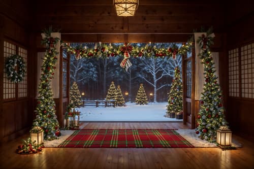 photo from pinterest of christmas-style interior designed (onsen interior) . with plaid rugs and christmas ornaments and giftwrapped gifts and a few big socks hanging and berries and greenery draped and ribbons and tie pinecones and berries and snow outside. . cinematic photo, highly detailed, cinematic lighting, ultra-detailed, ultrarealistic, photorealism, 8k. trending on pinterest. christmas interior design style. masterpiece, cinematic light, ultrarealistic+, photorealistic+, 8k, raw photo, realistic, sharp focus on eyes, (symmetrical eyes), (intact eyes), hyperrealistic, highest quality, best quality, , highly detailed, masterpiece, best quality, extremely detailed 8k wallpaper, masterpiece, best quality, ultra-detailed, best shadow, detailed background, detailed face, detailed eyes, high contrast, best illumination, detailed face, dulux, caustic, dynamic angle, detailed glow. dramatic lighting. highly detailed, insanely detailed hair, symmetrical, intricate details, professionally retouched, 8k high definition. strong bokeh. award winning photo.