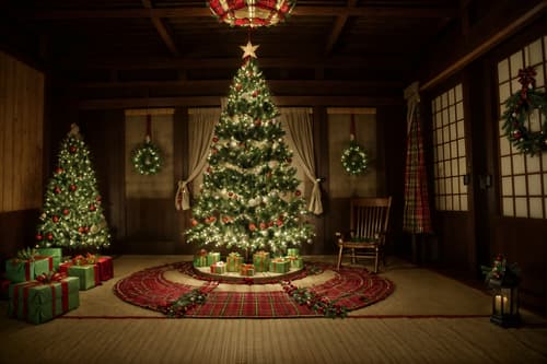 photo from pinterest of christmas-style interior designed (onsen interior) . with plaid rugs and christmas ornaments and giftwrapped gifts and a few big socks hanging and berries and greenery draped and ribbons and tie pinecones and berries and snow outside. . cinematic photo, highly detailed, cinematic lighting, ultra-detailed, ultrarealistic, photorealism, 8k. trending on pinterest. christmas interior design style. masterpiece, cinematic light, ultrarealistic+, photorealistic+, 8k, raw photo, realistic, sharp focus on eyes, (symmetrical eyes), (intact eyes), hyperrealistic, highest quality, best quality, , highly detailed, masterpiece, best quality, extremely detailed 8k wallpaper, masterpiece, best quality, ultra-detailed, best shadow, detailed background, detailed face, detailed eyes, high contrast, best illumination, detailed face, dulux, caustic, dynamic angle, detailed glow. dramatic lighting. highly detailed, insanely detailed hair, symmetrical, intricate details, professionally retouched, 8k high definition. strong bokeh. award winning photo.