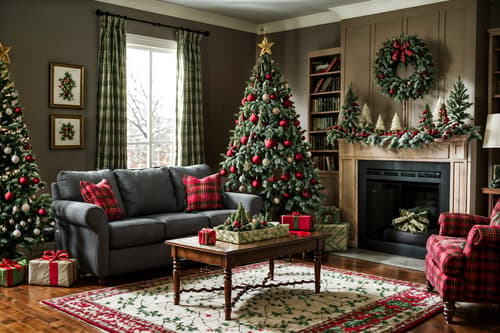 photo from pinterest of christmas-style interior designed (living room interior) with occasional tables and televisions and chairs and electric lamps and rug and sofa and furniture and bookshelves. . with a few big socks hanging and plaid rugs and christmas ornaments and snow outside and tie pinecones and berries and giftwrapped gifts and ribbons and berries and greenery draped. . cinematic photo, highly detailed, cinematic lighting, ultra-detailed, ultrarealistic, photorealism, 8k. trending on pinterest. christmas interior design style. masterpiece, cinematic light, ultrarealistic+, photorealistic+, 8k, raw photo, realistic, sharp focus on eyes, (symmetrical eyes), (intact eyes), hyperrealistic, highest quality, best quality, , highly detailed, masterpiece, best quality, extremely detailed 8k wallpaper, masterpiece, best quality, ultra-detailed, best shadow, detailed background, detailed face, detailed eyes, high contrast, best illumination, detailed face, dulux, caustic, dynamic angle, detailed glow. dramatic lighting. highly detailed, insanely detailed hair, symmetrical, intricate details, professionally retouched, 8k high definition. strong bokeh. award winning photo.