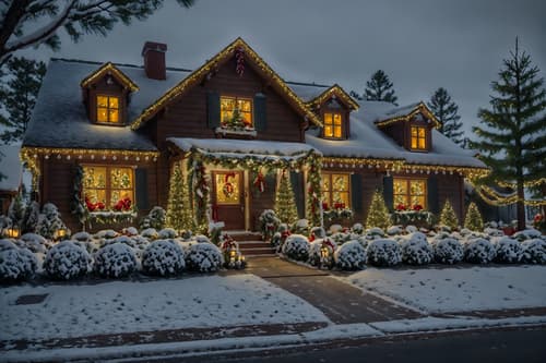photo from pinterest of christmas-style exterior designed (house exterior exterior) . with a few big socks hanging and ribbons and berries and greenery draped and tie pinecones and berries and snow outside and giftwrapped gifts and plaid rugs and christmas ornaments. . cinematic photo, highly detailed, cinematic lighting, ultra-detailed, ultrarealistic, photorealism, 8k. trending on pinterest. christmas exterior design style. masterpiece, cinematic light, ultrarealistic+, photorealistic+, 8k, raw photo, realistic, sharp focus on eyes, (symmetrical eyes), (intact eyes), hyperrealistic, highest quality, best quality, , highly detailed, masterpiece, best quality, extremely detailed 8k wallpaper, masterpiece, best quality, ultra-detailed, best shadow, detailed background, detailed face, detailed eyes, high contrast, best illumination, detailed face, dulux, caustic, dynamic angle, detailed glow. dramatic lighting. highly detailed, insanely detailed hair, symmetrical, intricate details, professionally retouched, 8k high definition. strong bokeh. award winning photo.
