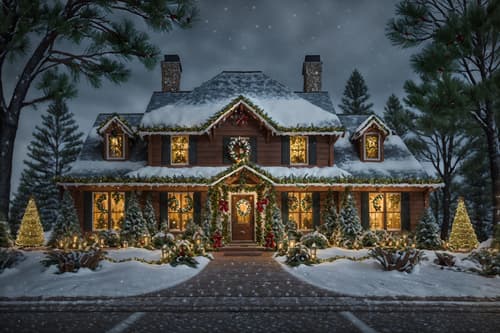 photo from pinterest of christmas-style exterior designed (house exterior exterior) . with a few big socks hanging and ribbons and berries and greenery draped and tie pinecones and berries and snow outside and giftwrapped gifts and plaid rugs and christmas ornaments. . cinematic photo, highly detailed, cinematic lighting, ultra-detailed, ultrarealistic, photorealism, 8k. trending on pinterest. christmas exterior design style. masterpiece, cinematic light, ultrarealistic+, photorealistic+, 8k, raw photo, realistic, sharp focus on eyes, (symmetrical eyes), (intact eyes), hyperrealistic, highest quality, best quality, , highly detailed, masterpiece, best quality, extremely detailed 8k wallpaper, masterpiece, best quality, ultra-detailed, best shadow, detailed background, detailed face, detailed eyes, high contrast, best illumination, detailed face, dulux, caustic, dynamic angle, detailed glow. dramatic lighting. highly detailed, insanely detailed hair, symmetrical, intricate details, professionally retouched, 8k high definition. strong bokeh. award winning photo.