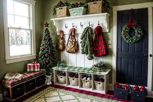 photo from pinterest of christmas-style interior designed (mudroom interior) with wall hooks for coats and cabinets and storage drawers and high up storage and shelves for shoes and cubbies and storage baskets and a bench. . with a few big socks hanging and plaid rugs and ribbons and berries and greenery draped and giftwrapped gifts and tie pinecones and berries and snow outside and christmas ornaments. . cinematic photo, highly detailed, cinematic lighting, ultra-detailed, ultrarealistic, photorealism, 8k. trending on pinterest. christmas interior design style. masterpiece, cinematic light, ultrarealistic+, photorealistic+, 8k, raw photo, realistic, sharp focus on eyes, (symmetrical eyes), (intact eyes), hyperrealistic, highest quality, best quality, , highly detailed, masterpiece, best quality, extremely detailed 8k wallpaper, masterpiece, best quality, ultra-detailed, best shadow, detailed background, detailed face, detailed eyes, high contrast, best illumination, detailed face, dulux, caustic, dynamic angle, detailed glow. dramatic lighting. highly detailed, insanely detailed hair, symmetrical, intricate details, professionally retouched, 8k high definition. strong bokeh. award winning photo.