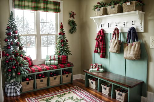 photo from pinterest of christmas-style interior designed (mudroom interior) with wall hooks for coats and cabinets and storage drawers and high up storage and shelves for shoes and cubbies and storage baskets and a bench. . with a few big socks hanging and plaid rugs and ribbons and berries and greenery draped and giftwrapped gifts and tie pinecones and berries and snow outside and christmas ornaments. . cinematic photo, highly detailed, cinematic lighting, ultra-detailed, ultrarealistic, photorealism, 8k. trending on pinterest. christmas interior design style. masterpiece, cinematic light, ultrarealistic+, photorealistic+, 8k, raw photo, realistic, sharp focus on eyes, (symmetrical eyes), (intact eyes), hyperrealistic, highest quality, best quality, , highly detailed, masterpiece, best quality, extremely detailed 8k wallpaper, masterpiece, best quality, ultra-detailed, best shadow, detailed background, detailed face, detailed eyes, high contrast, best illumination, detailed face, dulux, caustic, dynamic angle, detailed glow. dramatic lighting. highly detailed, insanely detailed hair, symmetrical, intricate details, professionally retouched, 8k high definition. strong bokeh. award winning photo.