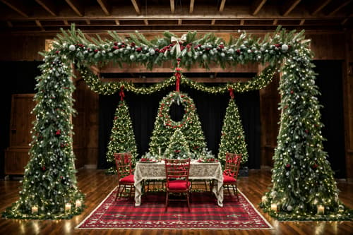 photo from pinterest of christmas-style interior designed (exhibition space interior) . with berries and greenery draped and a few big socks hanging and snow outside and ribbons and plaid rugs and tie pinecones and berries and christmas ornaments and giftwrapped gifts. . cinematic photo, highly detailed, cinematic lighting, ultra-detailed, ultrarealistic, photorealism, 8k. trending on pinterest. christmas interior design style. masterpiece, cinematic light, ultrarealistic+, photorealistic+, 8k, raw photo, realistic, sharp focus on eyes, (symmetrical eyes), (intact eyes), hyperrealistic, highest quality, best quality, , highly detailed, masterpiece, best quality, extremely detailed 8k wallpaper, masterpiece, best quality, ultra-detailed, best shadow, detailed background, detailed face, detailed eyes, high contrast, best illumination, detailed face, dulux, caustic, dynamic angle, detailed glow. dramatic lighting. highly detailed, insanely detailed hair, symmetrical, intricate details, professionally retouched, 8k high definition. strong bokeh. award winning photo.