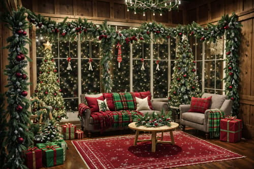 photo from pinterest of christmas-style interior designed (exhibition space interior) . with berries and greenery draped and a few big socks hanging and snow outside and ribbons and plaid rugs and tie pinecones and berries and christmas ornaments and giftwrapped gifts. . cinematic photo, highly detailed, cinematic lighting, ultra-detailed, ultrarealistic, photorealism, 8k. trending on pinterest. christmas interior design style. masterpiece, cinematic light, ultrarealistic+, photorealistic+, 8k, raw photo, realistic, sharp focus on eyes, (symmetrical eyes), (intact eyes), hyperrealistic, highest quality, best quality, , highly detailed, masterpiece, best quality, extremely detailed 8k wallpaper, masterpiece, best quality, ultra-detailed, best shadow, detailed background, detailed face, detailed eyes, high contrast, best illumination, detailed face, dulux, caustic, dynamic angle, detailed glow. dramatic lighting. highly detailed, insanely detailed hair, symmetrical, intricate details, professionally retouched, 8k high definition. strong bokeh. award winning photo.