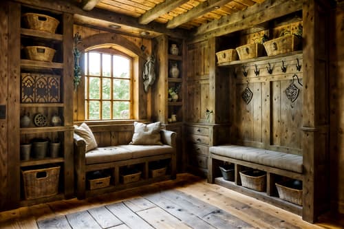 photo from pinterest of medieval-style interior designed (mudroom interior) with a bench and high up storage and storage baskets and cubbies and storage drawers and wall hooks for coats and cabinets and shelves for shoes. . with stone or wooden floor and castle interior and timber beams and gothic appearance and timber walls and upholstery on chairs and sofas and carved wooden tables and carved wooden chairs. . cinematic photo, highly detailed, cinematic lighting, ultra-detailed, ultrarealistic, photorealism, 8k. trending on pinterest. medieval interior design style. masterpiece, cinematic light, ultrarealistic+, photorealistic+, 8k, raw photo, realistic, sharp focus on eyes, (symmetrical eyes), (intact eyes), hyperrealistic, highest quality, best quality, , highly detailed, masterpiece, best quality, extremely detailed 8k wallpaper, masterpiece, best quality, ultra-detailed, best shadow, detailed background, detailed face, detailed eyes, high contrast, best illumination, detailed face, dulux, caustic, dynamic angle, detailed glow. dramatic lighting. highly detailed, insanely detailed hair, symmetrical, intricate details, professionally retouched, 8k high definition. strong bokeh. award winning photo.