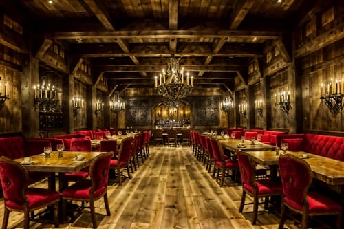 photo from pinterest of medieval-style interior designed (restaurant interior) with restaurant dining tables and restaurant chairs and restaurant decor and restaurant bar and restaurant dining tables. . with timber walls and heavy furniture pieces and gothic appearance and stone or wooden floor and velvet, chenille, damask, and brocade draperies and fabrics and deep colors like red, gold, or blue and stone walls and upholstery on chairs and sofas. . cinematic photo, highly detailed, cinematic lighting, ultra-detailed, ultrarealistic, photorealism, 8k. trending on pinterest. medieval interior design style. masterpiece, cinematic light, ultrarealistic+, photorealistic+, 8k, raw photo, realistic, sharp focus on eyes, (symmetrical eyes), (intact eyes), hyperrealistic, highest quality, best quality, , highly detailed, masterpiece, best quality, extremely detailed 8k wallpaper, masterpiece, best quality, ultra-detailed, best shadow, detailed background, detailed face, detailed eyes, high contrast, best illumination, detailed face, dulux, caustic, dynamic angle, detailed glow. dramatic lighting. highly detailed, insanely detailed hair, symmetrical, intricate details, professionally retouched, 8k high definition. strong bokeh. award winning photo.