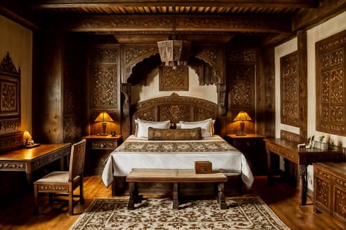 photo from pinterest of medieval-style interior designed (hotel room interior) with accent chair and hotel bathroom and storage bench or ottoman and working desk with desk chair and plant and dresser closet and night light and headboard. . with castle interior and castle interior and intricate wooden inlay designs and carvings and heavy furniture pieces and carved wooden benches and medieval shields on the wall and timber walls and timber beams. . cinematic photo, highly detailed, cinematic lighting, ultra-detailed, ultrarealistic, photorealism, 8k. trending on pinterest. medieval interior design style. masterpiece, cinematic light, ultrarealistic+, photorealistic+, 8k, raw photo, realistic, sharp focus on eyes, (symmetrical eyes), (intact eyes), hyperrealistic, highest quality, best quality, , highly detailed, masterpiece, best quality, extremely detailed 8k wallpaper, masterpiece, best quality, ultra-detailed, best shadow, detailed background, detailed face, detailed eyes, high contrast, best illumination, detailed face, dulux, caustic, dynamic angle, detailed glow. dramatic lighting. highly detailed, insanely detailed hair, symmetrical, intricate details, professionally retouched, 8k high definition. strong bokeh. award winning photo.