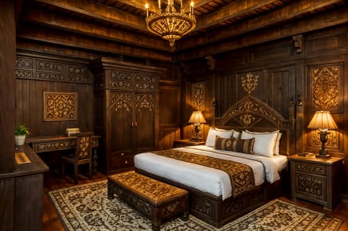 photo from pinterest of medieval-style interior designed (hotel room interior) with accent chair and hotel bathroom and storage bench or ottoman and working desk with desk chair and plant and dresser closet and night light and headboard. . with castle interior and castle interior and intricate wooden inlay designs and carvings and heavy furniture pieces and carved wooden benches and medieval shields on the wall and timber walls and timber beams. . cinematic photo, highly detailed, cinematic lighting, ultra-detailed, ultrarealistic, photorealism, 8k. trending on pinterest. medieval interior design style. masterpiece, cinematic light, ultrarealistic+, photorealistic+, 8k, raw photo, realistic, sharp focus on eyes, (symmetrical eyes), (intact eyes), hyperrealistic, highest quality, best quality, , highly detailed, masterpiece, best quality, extremely detailed 8k wallpaper, masterpiece, best quality, ultra-detailed, best shadow, detailed background, detailed face, detailed eyes, high contrast, best illumination, detailed face, dulux, caustic, dynamic angle, detailed glow. dramatic lighting. highly detailed, insanely detailed hair, symmetrical, intricate details, professionally retouched, 8k high definition. strong bokeh. award winning photo.