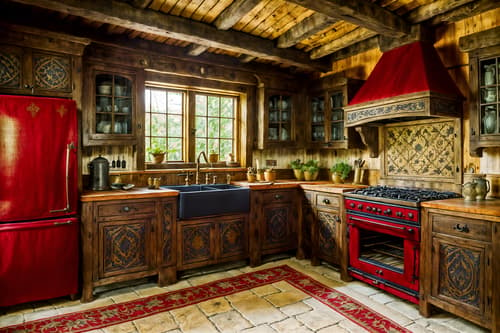 photo from pinterest of medieval-style interior designed (kitchen interior) with sink and stove and worktops and plant and kitchen cabinets and refrigerator and sink. . with deep colors like red, gold, or blue and timber beams and upholstery on chairs and sofas and carved wooden chairs and carved wooden benches and velvet, chenille, damask, and brocade draperies and fabrics and intricate wooden inlay designs and carvings and gothic appearance. . cinematic photo, highly detailed, cinematic lighting, ultra-detailed, ultrarealistic, photorealism, 8k. trending on pinterest. medieval interior design style. masterpiece, cinematic light, ultrarealistic+, photorealistic+, 8k, raw photo, realistic, sharp focus on eyes, (symmetrical eyes), (intact eyes), hyperrealistic, highest quality, best quality, , highly detailed, masterpiece, best quality, extremely detailed 8k wallpaper, masterpiece, best quality, ultra-detailed, best shadow, detailed background, detailed face, detailed eyes, high contrast, best illumination, detailed face, dulux, caustic, dynamic angle, detailed glow. dramatic lighting. highly detailed, insanely detailed hair, symmetrical, intricate details, professionally retouched, 8k high definition. strong bokeh. award winning photo.