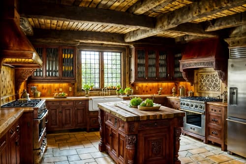 photo from pinterest of medieval-style interior designed (kitchen interior) with sink and stove and worktops and plant and kitchen cabinets and refrigerator and sink. . with deep colors like red, gold, or blue and timber beams and upholstery on chairs and sofas and carved wooden chairs and carved wooden benches and velvet, chenille, damask, and brocade draperies and fabrics and intricate wooden inlay designs and carvings and gothic appearance. . cinematic photo, highly detailed, cinematic lighting, ultra-detailed, ultrarealistic, photorealism, 8k. trending on pinterest. medieval interior design style. masterpiece, cinematic light, ultrarealistic+, photorealistic+, 8k, raw photo, realistic, sharp focus on eyes, (symmetrical eyes), (intact eyes), hyperrealistic, highest quality, best quality, , highly detailed, masterpiece, best quality, extremely detailed 8k wallpaper, masterpiece, best quality, ultra-detailed, best shadow, detailed background, detailed face, detailed eyes, high contrast, best illumination, detailed face, dulux, caustic, dynamic angle, detailed glow. dramatic lighting. highly detailed, insanely detailed hair, symmetrical, intricate details, professionally retouched, 8k high definition. strong bokeh. award winning photo.