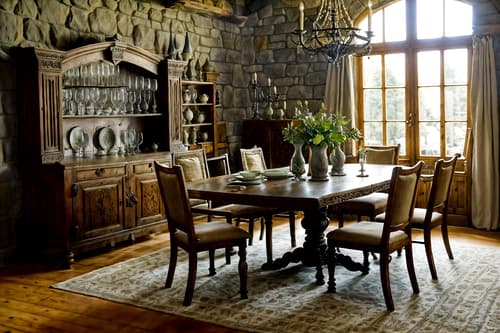 photo from pinterest of medieval-style interior designed (dining room interior) with plates, cutlery and glasses on dining table and bookshelves and plant and vase and dining table chairs and dining table and painting or photo on wall and light or chandelier. . with stone or wooden floor and castle interior and timber walls and carved wooden chairs and upholstery on chairs and sofas and castle interior and medieval shields on the wall and stone walls. . cinematic photo, highly detailed, cinematic lighting, ultra-detailed, ultrarealistic, photorealism, 8k. trending on pinterest. medieval interior design style. masterpiece, cinematic light, ultrarealistic+, photorealistic+, 8k, raw photo, realistic, sharp focus on eyes, (symmetrical eyes), (intact eyes), hyperrealistic, highest quality, best quality, , highly detailed, masterpiece, best quality, extremely detailed 8k wallpaper, masterpiece, best quality, ultra-detailed, best shadow, detailed background, detailed face, detailed eyes, high contrast, best illumination, detailed face, dulux, caustic, dynamic angle, detailed glow. dramatic lighting. highly detailed, insanely detailed hair, symmetrical, intricate details, professionally retouched, 8k high definition. strong bokeh. award winning photo.