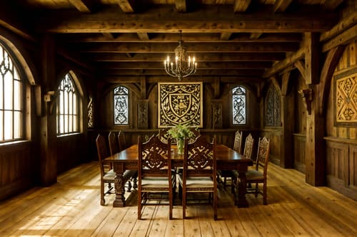 photo from pinterest of medieval-style interior designed (meeting room interior) with painting or photo on wall and boardroom table and glass walls and vase and cabinets and glass doors and office chairs and plant. . with carved wooden chairs and timber beams and carved wooden benches and stone walls and intricate wooden inlay designs and carvings and timber walls and heavy furniture pieces and medieval shields on the wall. . cinematic photo, highly detailed, cinematic lighting, ultra-detailed, ultrarealistic, photorealism, 8k. trending on pinterest. medieval interior design style. masterpiece, cinematic light, ultrarealistic+, photorealistic+, 8k, raw photo, realistic, sharp focus on eyes, (symmetrical eyes), (intact eyes), hyperrealistic, highest quality, best quality, , highly detailed, masterpiece, best quality, extremely detailed 8k wallpaper, masterpiece, best quality, ultra-detailed, best shadow, detailed background, detailed face, detailed eyes, high contrast, best illumination, detailed face, dulux, caustic, dynamic angle, detailed glow. dramatic lighting. highly detailed, insanely detailed hair, symmetrical, intricate details, professionally retouched, 8k high definition. strong bokeh. award winning photo.