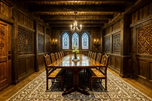 photo from pinterest of medieval-style interior designed (meeting room interior) with painting or photo on wall and boardroom table and glass walls and vase and cabinets and glass doors and office chairs and plant. . with carved wooden chairs and timber beams and carved wooden benches and stone walls and intricate wooden inlay designs and carvings and timber walls and heavy furniture pieces and medieval shields on the wall. . cinematic photo, highly detailed, cinematic lighting, ultra-detailed, ultrarealistic, photorealism, 8k. trending on pinterest. medieval interior design style. masterpiece, cinematic light, ultrarealistic+, photorealistic+, 8k, raw photo, realistic, sharp focus on eyes, (symmetrical eyes), (intact eyes), hyperrealistic, highest quality, best quality, , highly detailed, masterpiece, best quality, extremely detailed 8k wallpaper, masterpiece, best quality, ultra-detailed, best shadow, detailed background, detailed face, detailed eyes, high contrast, best illumination, detailed face, dulux, caustic, dynamic angle, detailed glow. dramatic lighting. highly detailed, insanely detailed hair, symmetrical, intricate details, professionally retouched, 8k high definition. strong bokeh. award winning photo.