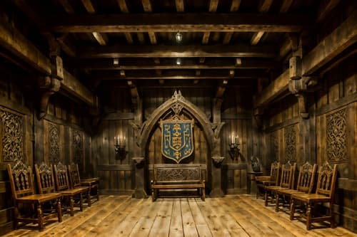 photo from pinterest of medieval-style interior designed (exhibition space interior) . with carved wooden chairs and medieval shields on the wall and heavy furniture pieces and timber beams and castle interior and stone or wooden floor and gothic appearance and carved wooden benches. . cinematic photo, highly detailed, cinematic lighting, ultra-detailed, ultrarealistic, photorealism, 8k. trending on pinterest. medieval interior design style. masterpiece, cinematic light, ultrarealistic+, photorealistic+, 8k, raw photo, realistic, sharp focus on eyes, (symmetrical eyes), (intact eyes), hyperrealistic, highest quality, best quality, , highly detailed, masterpiece, best quality, extremely detailed 8k wallpaper, masterpiece, best quality, ultra-detailed, best shadow, detailed background, detailed face, detailed eyes, high contrast, best illumination, detailed face, dulux, caustic, dynamic angle, detailed glow. dramatic lighting. highly detailed, insanely detailed hair, symmetrical, intricate details, professionally retouched, 8k high definition. strong bokeh. award winning photo.