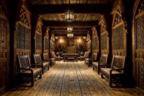 photo from pinterest of medieval-style interior designed (exhibition space interior) . with carved wooden chairs and medieval shields on the wall and heavy furniture pieces and timber beams and castle interior and stone or wooden floor and gothic appearance and carved wooden benches. . cinematic photo, highly detailed, cinematic lighting, ultra-detailed, ultrarealistic, photorealism, 8k. trending on pinterest. medieval interior design style. masterpiece, cinematic light, ultrarealistic+, photorealistic+, 8k, raw photo, realistic, sharp focus on eyes, (symmetrical eyes), (intact eyes), hyperrealistic, highest quality, best quality, , highly detailed, masterpiece, best quality, extremely detailed 8k wallpaper, masterpiece, best quality, ultra-detailed, best shadow, detailed background, detailed face, detailed eyes, high contrast, best illumination, detailed face, dulux, caustic, dynamic angle, detailed glow. dramatic lighting. highly detailed, insanely detailed hair, symmetrical, intricate details, professionally retouched, 8k high definition. strong bokeh. award winning photo.