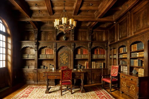 photo from pinterest of medieval-style interior designed (study room interior) with cabinets and desk lamp and office chair and bookshelves and lounge chair and plant and writing desk and cabinets. . with deep colors like red, gold, or blue and castle interior and medieval shields on the wall and carved wooden benches and heavy furniture pieces and timber walls and intricate wooden inlay designs and carvings and upholstery on chairs and sofas. . cinematic photo, highly detailed, cinematic lighting, ultra-detailed, ultrarealistic, photorealism, 8k. trending on pinterest. medieval interior design style. masterpiece, cinematic light, ultrarealistic+, photorealistic+, 8k, raw photo, realistic, sharp focus on eyes, (symmetrical eyes), (intact eyes), hyperrealistic, highest quality, best quality, , highly detailed, masterpiece, best quality, extremely detailed 8k wallpaper, masterpiece, best quality, ultra-detailed, best shadow, detailed background, detailed face, detailed eyes, high contrast, best illumination, detailed face, dulux, caustic, dynamic angle, detailed glow. dramatic lighting. highly detailed, insanely detailed hair, symmetrical, intricate details, professionally retouched, 8k high definition. strong bokeh. award winning photo.