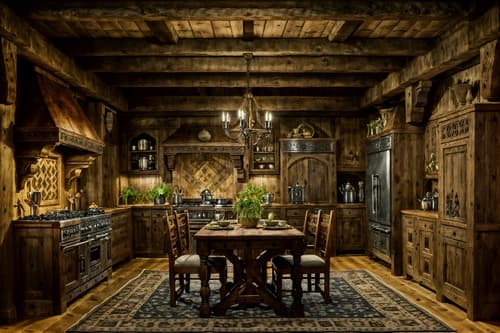 photo from pinterest of medieval-style interior designed (kitchen living combo interior) with furniture and plant and kitchen cabinets and worktops and rug and chairs and stove and refrigerator. . with timber walls and gothic appearance and carved wooden tables and castle interior and medieval shields on the wall and upholstery on chairs and sofas and timber beams and castle interior. . cinematic photo, highly detailed, cinematic lighting, ultra-detailed, ultrarealistic, photorealism, 8k. trending on pinterest. medieval interior design style. masterpiece, cinematic light, ultrarealistic+, photorealistic+, 8k, raw photo, realistic, sharp focus on eyes, (symmetrical eyes), (intact eyes), hyperrealistic, highest quality, best quality, , highly detailed, masterpiece, best quality, extremely detailed 8k wallpaper, masterpiece, best quality, ultra-detailed, best shadow, detailed background, detailed face, detailed eyes, high contrast, best illumination, detailed face, dulux, caustic, dynamic angle, detailed glow. dramatic lighting. highly detailed, insanely detailed hair, symmetrical, intricate details, professionally retouched, 8k high definition. strong bokeh. award winning photo.