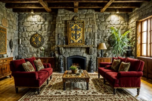 photo from pinterest of medieval-style interior designed (living room interior) with chairs and coffee tables and plant and televisions and rug and sofa and occasional tables and furniture. . with stone walls and upholstery on chairs and sofas and carved wooden chairs and castle interior and medieval shields on the wall and castle interior and velvet, chenille, damask, and brocade draperies and fabrics and deep colors like red, gold, or blue. . cinematic photo, highly detailed, cinematic lighting, ultra-detailed, ultrarealistic, photorealism, 8k. trending on pinterest. medieval interior design style. masterpiece, cinematic light, ultrarealistic+, photorealistic+, 8k, raw photo, realistic, sharp focus on eyes, (symmetrical eyes), (intact eyes), hyperrealistic, highest quality, best quality, , highly detailed, masterpiece, best quality, extremely detailed 8k wallpaper, masterpiece, best quality, ultra-detailed, best shadow, detailed background, detailed face, detailed eyes, high contrast, best illumination, detailed face, dulux, caustic, dynamic angle, detailed glow. dramatic lighting. highly detailed, insanely detailed hair, symmetrical, intricate details, professionally retouched, 8k high definition. strong bokeh. award winning photo.