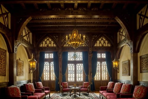 photo from pinterest of medieval-style interior designed (hotel lobby interior) with furniture and lounge chairs and coffee tables and sofas and hanging lamps and plant and check in desk and rug. . with castle interior and medieval shields on the wall and castle interior and intricate wooden inlay designs and carvings and deep colors like red, gold, or blue and gothic appearance and stone walls and timber beams. . cinematic photo, highly detailed, cinematic lighting, ultra-detailed, ultrarealistic, photorealism, 8k. trending on pinterest. medieval interior design style. masterpiece, cinematic light, ultrarealistic+, photorealistic+, 8k, raw photo, realistic, sharp focus on eyes, (symmetrical eyes), (intact eyes), hyperrealistic, highest quality, best quality, , highly detailed, masterpiece, best quality, extremely detailed 8k wallpaper, masterpiece, best quality, ultra-detailed, best shadow, detailed background, detailed face, detailed eyes, high contrast, best illumination, detailed face, dulux, caustic, dynamic angle, detailed glow. dramatic lighting. highly detailed, insanely detailed hair, symmetrical, intricate details, professionally retouched, 8k high definition. strong bokeh. award winning photo.