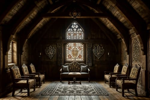 photo from pinterest of medieval-style interior designed (attic interior) . with gothic appearance and stone walls and carved wooden chairs and castle interior and medieval shields on the wall and castle interior and intricate wooden inlay designs and carvings and upholstery on chairs and sofas. . cinematic photo, highly detailed, cinematic lighting, ultra-detailed, ultrarealistic, photorealism, 8k. trending on pinterest. medieval interior design style. masterpiece, cinematic light, ultrarealistic+, photorealistic+, 8k, raw photo, realistic, sharp focus on eyes, (symmetrical eyes), (intact eyes), hyperrealistic, highest quality, best quality, , highly detailed, masterpiece, best quality, extremely detailed 8k wallpaper, masterpiece, best quality, ultra-detailed, best shadow, detailed background, detailed face, detailed eyes, high contrast, best illumination, detailed face, dulux, caustic, dynamic angle, detailed glow. dramatic lighting. highly detailed, insanely detailed hair, symmetrical, intricate details, professionally retouched, 8k high definition. strong bokeh. award winning photo.