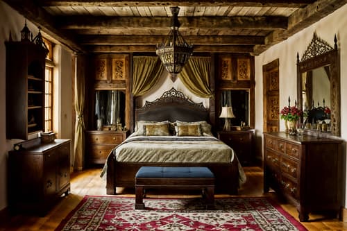 photo from pinterest of medieval-style interior designed (bedroom interior) with dresser closet and bedside table or night stand and mirror and storage bench or ottoman and accent chair and headboard and plant and night light. . with castle interior and gothic appearance and timber beams and deep colors like red, gold, or blue and upholstery on chairs and sofas and stone walls and intricate wooden inlay designs and carvings and stone or wooden floor. . cinematic photo, highly detailed, cinematic lighting, ultra-detailed, ultrarealistic, photorealism, 8k. trending on pinterest. medieval interior design style. masterpiece, cinematic light, ultrarealistic+, photorealistic+, 8k, raw photo, realistic, sharp focus on eyes, (symmetrical eyes), (intact eyes), hyperrealistic, highest quality, best quality, , highly detailed, masterpiece, best quality, extremely detailed 8k wallpaper, masterpiece, best quality, ultra-detailed, best shadow, detailed background, detailed face, detailed eyes, high contrast, best illumination, detailed face, dulux, caustic, dynamic angle, detailed glow. dramatic lighting. highly detailed, insanely detailed hair, symmetrical, intricate details, professionally retouched, 8k high definition. strong bokeh. award winning photo.