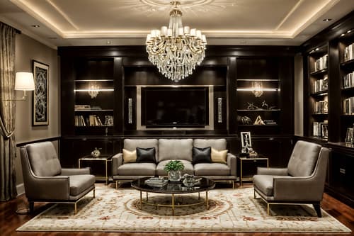 photo from pinterest of hollywood glam-style interior designed (living room interior) with sofa and electric lamps and coffee tables and occasional tables and televisions and rug and plant and bookshelves. . . cinematic photo, highly detailed, cinematic lighting, ultra-detailed, ultrarealistic, photorealism, 8k. trending on pinterest. hollywood glam interior design style. masterpiece, cinematic light, ultrarealistic+, photorealistic+, 8k, raw photo, realistic, sharp focus on eyes, (symmetrical eyes), (intact eyes), hyperrealistic, highest quality, best quality, , highly detailed, masterpiece, best quality, extremely detailed 8k wallpaper, masterpiece, best quality, ultra-detailed, best shadow, detailed background, detailed face, detailed eyes, high contrast, best illumination, detailed face, dulux, caustic, dynamic angle, detailed glow. dramatic lighting. highly detailed, insanely detailed hair, symmetrical, intricate details, professionally retouched, 8k high definition. strong bokeh. award winning photo.
