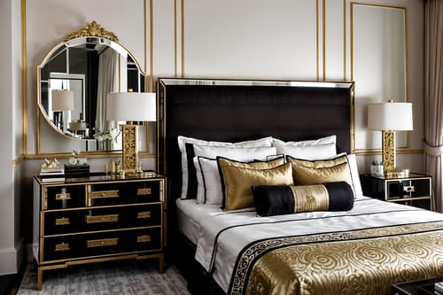 photo from pinterest of hollywood glam-style interior designed (hotel room interior) with bedside table or night stand and working desk with desk chair and accent chair and mirror and headboard and hotel bathroom and storage bench or ottoman and bed. . . cinematic photo, highly detailed, cinematic lighting, ultra-detailed, ultrarealistic, photorealism, 8k. trending on pinterest. hollywood glam interior design style. masterpiece, cinematic light, ultrarealistic+, photorealistic+, 8k, raw photo, realistic, sharp focus on eyes, (symmetrical eyes), (intact eyes), hyperrealistic, highest quality, best quality, , highly detailed, masterpiece, best quality, extremely detailed 8k wallpaper, masterpiece, best quality, ultra-detailed, best shadow, detailed background, detailed face, detailed eyes, high contrast, best illumination, detailed face, dulux, caustic, dynamic angle, detailed glow. dramatic lighting. highly detailed, insanely detailed hair, symmetrical, intricate details, professionally retouched, 8k high definition. strong bokeh. award winning photo.