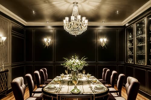 photo from pinterest of hollywood glam-style interior designed (dining room interior) with plant and painting or photo on wall and dining table chairs and vase and table cloth and dining table and bookshelves and plates, cutlery and glasses on dining table. . . cinematic photo, highly detailed, cinematic lighting, ultra-detailed, ultrarealistic, photorealism, 8k. trending on pinterest. hollywood glam interior design style. masterpiece, cinematic light, ultrarealistic+, photorealistic+, 8k, raw photo, realistic, sharp focus on eyes, (symmetrical eyes), (intact eyes), hyperrealistic, highest quality, best quality, , highly detailed, masterpiece, best quality, extremely detailed 8k wallpaper, masterpiece, best quality, ultra-detailed, best shadow, detailed background, detailed face, detailed eyes, high contrast, best illumination, detailed face, dulux, caustic, dynamic angle, detailed glow. dramatic lighting. highly detailed, insanely detailed hair, symmetrical, intricate details, professionally retouched, 8k high definition. strong bokeh. award winning photo.