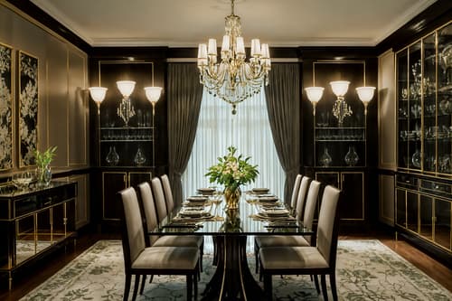 photo from pinterest of hollywood glam-style interior designed (dining room interior) with plant and painting or photo on wall and dining table chairs and vase and table cloth and dining table and bookshelves and plates, cutlery and glasses on dining table. . . cinematic photo, highly detailed, cinematic lighting, ultra-detailed, ultrarealistic, photorealism, 8k. trending on pinterest. hollywood glam interior design style. masterpiece, cinematic light, ultrarealistic+, photorealistic+, 8k, raw photo, realistic, sharp focus on eyes, (symmetrical eyes), (intact eyes), hyperrealistic, highest quality, best quality, , highly detailed, masterpiece, best quality, extremely detailed 8k wallpaper, masterpiece, best quality, ultra-detailed, best shadow, detailed background, detailed face, detailed eyes, high contrast, best illumination, detailed face, dulux, caustic, dynamic angle, detailed glow. dramatic lighting. highly detailed, insanely detailed hair, symmetrical, intricate details, professionally retouched, 8k high definition. strong bokeh. award winning photo.