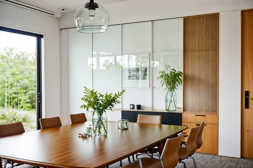 photo from pinterest of airbnb-style interior designed (meeting room interior) with glass walls and cabinets and plant and office chairs and glass doors and boardroom table and painting or photo on wall and vase. . with natural materials and elements and simple, clean lines and simplistic furniture and scandinavian style and open and natural lighting and neutral walls and textures and practicality and functionality and simple color palette and natural materials and elements. . cinematic photo, highly detailed, cinematic lighting, ultra-detailed, ultrarealistic, photorealism, 8k. trending on pinterest. airbnb interior design style. masterpiece, cinematic light, ultrarealistic+, photorealistic+, 8k, raw photo, realistic, sharp focus on eyes, (symmetrical eyes), (intact eyes), hyperrealistic, highest quality, best quality, , highly detailed, masterpiece, best quality, extremely detailed 8k wallpaper, masterpiece, best quality, ultra-detailed, best shadow, detailed background, detailed face, detailed eyes, high contrast, best illumination, detailed face, dulux, caustic, dynamic angle, detailed glow. dramatic lighting. highly detailed, insanely detailed hair, symmetrical, intricate details, professionally retouched, 8k high definition. strong bokeh. award winning photo.