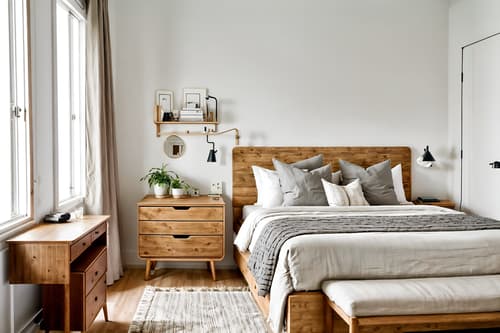 photo from pinterest of airbnb-style interior designed (hotel room interior) with headboard and plant and dresser closet and accent chair and bedside table or night stand and mirror and storage bench or ottoman and working desk with desk chair. . with natural materials and elements and simple color palette and neutral walls and textures and scandinavian style and simple, clean lines and simplistic furniture and open and natural lighting and practicality and functionality and natural materials and elements. . cinematic photo, highly detailed, cinematic lighting, ultra-detailed, ultrarealistic, photorealism, 8k. trending on pinterest. airbnb interior design style. masterpiece, cinematic light, ultrarealistic+, photorealistic+, 8k, raw photo, realistic, sharp focus on eyes, (symmetrical eyes), (intact eyes), hyperrealistic, highest quality, best quality, , highly detailed, masterpiece, best quality, extremely detailed 8k wallpaper, masterpiece, best quality, ultra-detailed, best shadow, detailed background, detailed face, detailed eyes, high contrast, best illumination, detailed face, dulux, caustic, dynamic angle, detailed glow. dramatic lighting. highly detailed, insanely detailed hair, symmetrical, intricate details, professionally retouched, 8k high definition. strong bokeh. award winning photo.