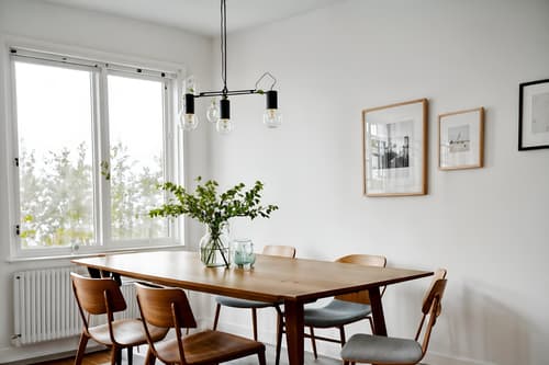 photo from pinterest of airbnb-style interior designed (dining room interior) with painting or photo on wall and light or chandelier and vase and dining table and plant and dining table chairs and table cloth and bookshelves. . with simple color palette and scandinavian style and simple, clean lines and simplistic furniture and natural materials and elements and open and natural lighting and neutral walls and textures and practicality and functionality and simple color palette. . cinematic photo, highly detailed, cinematic lighting, ultra-detailed, ultrarealistic, photorealism, 8k. trending on pinterest. airbnb interior design style. masterpiece, cinematic light, ultrarealistic+, photorealistic+, 8k, raw photo, realistic, sharp focus on eyes, (symmetrical eyes), (intact eyes), hyperrealistic, highest quality, best quality, , highly detailed, masterpiece, best quality, extremely detailed 8k wallpaper, masterpiece, best quality, ultra-detailed, best shadow, detailed background, detailed face, detailed eyes, high contrast, best illumination, detailed face, dulux, caustic, dynamic angle, detailed glow. dramatic lighting. highly detailed, insanely detailed hair, symmetrical, intricate details, professionally retouched, 8k high definition. strong bokeh. award winning photo.