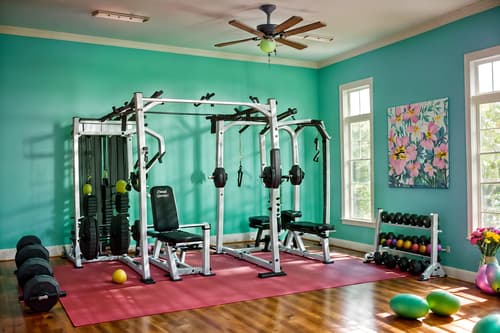 photo from pinterest of easter-style interior designed (fitness gym interior) with dumbbell stand and bench press and crosstrainer and exercise bicycle and squat rack and dumbbell stand. . with flowers on table and spring decorations and colorful easter eggs and easter decorations and light blue colors and flowers on table. . cinematic photo, highly detailed, cinematic lighting, ultra-detailed, ultrarealistic, photorealism, 8k. trending on pinterest. easter interior design style. masterpiece, cinematic light, ultrarealistic+, photorealistic+, 8k, raw photo, realistic, sharp focus on eyes, (symmetrical eyes), (intact eyes), hyperrealistic, highest quality, best quality, , highly detailed, masterpiece, best quality, extremely detailed 8k wallpaper, masterpiece, best quality, ultra-detailed, best shadow, detailed background, detailed face, detailed eyes, high contrast, best illumination, detailed face, dulux, caustic, dynamic angle, detailed glow. dramatic lighting. highly detailed, insanely detailed hair, symmetrical, intricate details, professionally retouched, 8k high definition. strong bokeh. award winning photo.
