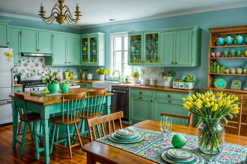 photo from pinterest of easter-style interior designed (kitchen living combo interior) with coffee tables and worktops and bookshelves and sink and stove and chairs and televisions and electric lamps. . with flowers on table and easter decorations and spring decorations and colorful easter eggs and light blue colors and flowers on table. . cinematic photo, highly detailed, cinematic lighting, ultra-detailed, ultrarealistic, photorealism, 8k. trending on pinterest. easter interior design style. masterpiece, cinematic light, ultrarealistic+, photorealistic+, 8k, raw photo, realistic, sharp focus on eyes, (symmetrical eyes), (intact eyes), hyperrealistic, highest quality, best quality, , highly detailed, masterpiece, best quality, extremely detailed 8k wallpaper, masterpiece, best quality, ultra-detailed, best shadow, detailed background, detailed face, detailed eyes, high contrast, best illumination, detailed face, dulux, caustic, dynamic angle, detailed glow. dramatic lighting. highly detailed, insanely detailed hair, symmetrical, intricate details, professionally retouched, 8k high definition. strong bokeh. award winning photo.