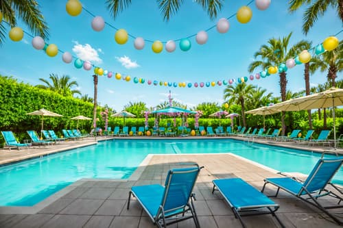 photo from pinterest of easter-style designed (outdoor pool area ) with pool lounge chairs and pool and pool lights and pool lounge chairs. . with flowers on table and spring decorations and colorful easter eggs and light blue colors and easter decorations and flowers on table. . cinematic photo, highly detailed, cinematic lighting, ultra-detailed, ultrarealistic, photorealism, 8k. trending on pinterest. easter design style. masterpiece, cinematic light, ultrarealistic+, photorealistic+, 8k, raw photo, realistic, sharp focus on eyes, (symmetrical eyes), (intact eyes), hyperrealistic, highest quality, best quality, , highly detailed, masterpiece, best quality, extremely detailed 8k wallpaper, masterpiece, best quality, ultra-detailed, best shadow, detailed background, detailed face, detailed eyes, high contrast, best illumination, detailed face, dulux, caustic, dynamic angle, detailed glow. dramatic lighting. highly detailed, insanely detailed hair, symmetrical, intricate details, professionally retouched, 8k high definition. strong bokeh. award winning photo.