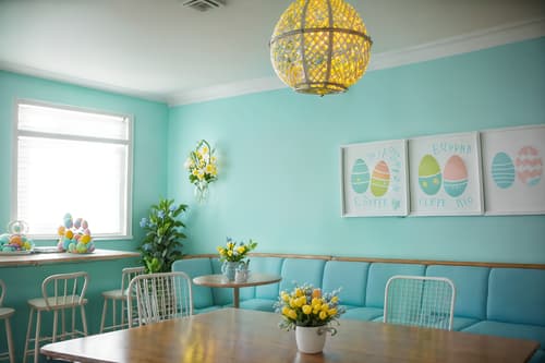 photo from pinterest of easter-style interior designed (coffee shop interior) . with light blue colors and colorful easter eggs and easter decorations and spring decorations and flowers on table and light blue colors. . cinematic photo, highly detailed, cinematic lighting, ultra-detailed, ultrarealistic, photorealism, 8k. trending on pinterest. easter interior design style. masterpiece, cinematic light, ultrarealistic+, photorealistic+, 8k, raw photo, realistic, sharp focus on eyes, (symmetrical eyes), (intact eyes), hyperrealistic, highest quality, best quality, , highly detailed, masterpiece, best quality, extremely detailed 8k wallpaper, masterpiece, best quality, ultra-detailed, best shadow, detailed background, detailed face, detailed eyes, high contrast, best illumination, detailed face, dulux, caustic, dynamic angle, detailed glow. dramatic lighting. highly detailed, insanely detailed hair, symmetrical, intricate details, professionally retouched, 8k high definition. strong bokeh. award winning photo.