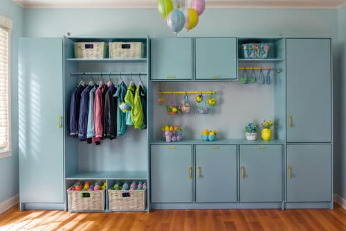 photo from pinterest of easter-style interior designed (drop zone interior) with lockers and storage baskets and cabinets and storage drawers and cubbies and wall hooks for coats and shelves for shoes and high up storage. . with spring decorations and light blue colors and easter decorations and flowers on table and colorful easter eggs and spring decorations. . cinematic photo, highly detailed, cinematic lighting, ultra-detailed, ultrarealistic, photorealism, 8k. trending on pinterest. easter interior design style. masterpiece, cinematic light, ultrarealistic+, photorealistic+, 8k, raw photo, realistic, sharp focus on eyes, (symmetrical eyes), (intact eyes), hyperrealistic, highest quality, best quality, , highly detailed, masterpiece, best quality, extremely detailed 8k wallpaper, masterpiece, best quality, ultra-detailed, best shadow, detailed background, detailed face, detailed eyes, high contrast, best illumination, detailed face, dulux, caustic, dynamic angle, detailed glow. dramatic lighting. highly detailed, insanely detailed hair, symmetrical, intricate details, professionally retouched, 8k high definition. strong bokeh. award winning photo.