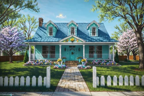 photo from pinterest of easter-style exterior designed (house exterior exterior) . with light blue colors and spring decorations and colorful easter eggs and flowers on table and easter decorations and light blue colors. . cinematic photo, highly detailed, cinematic lighting, ultra-detailed, ultrarealistic, photorealism, 8k. trending on pinterest. easter exterior design style. masterpiece, cinematic light, ultrarealistic+, photorealistic+, 8k, raw photo, realistic, sharp focus on eyes, (symmetrical eyes), (intact eyes), hyperrealistic, highest quality, best quality, , highly detailed, masterpiece, best quality, extremely detailed 8k wallpaper, masterpiece, best quality, ultra-detailed, best shadow, detailed background, detailed face, detailed eyes, high contrast, best illumination, detailed face, dulux, caustic, dynamic angle, detailed glow. dramatic lighting. highly detailed, insanely detailed hair, symmetrical, intricate details, professionally retouched, 8k high definition. strong bokeh. award winning photo.
