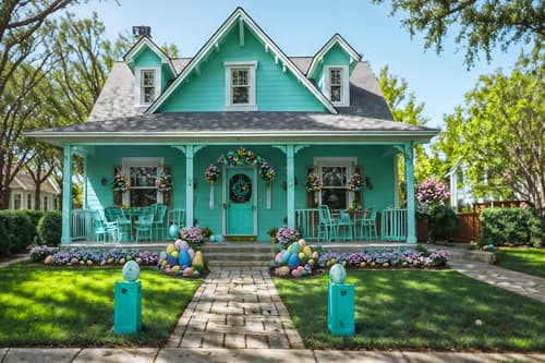 photo from pinterest of easter-style exterior designed (house exterior exterior) . with light blue colors and spring decorations and colorful easter eggs and flowers on table and easter decorations and light blue colors. . cinematic photo, highly detailed, cinematic lighting, ultra-detailed, ultrarealistic, photorealism, 8k. trending on pinterest. easter exterior design style. masterpiece, cinematic light, ultrarealistic+, photorealistic+, 8k, raw photo, realistic, sharp focus on eyes, (symmetrical eyes), (intact eyes), hyperrealistic, highest quality, best quality, , highly detailed, masterpiece, best quality, extremely detailed 8k wallpaper, masterpiece, best quality, ultra-detailed, best shadow, detailed background, detailed face, detailed eyes, high contrast, best illumination, detailed face, dulux, caustic, dynamic angle, detailed glow. dramatic lighting. highly detailed, insanely detailed hair, symmetrical, intricate details, professionally retouched, 8k high definition. strong bokeh. award winning photo.