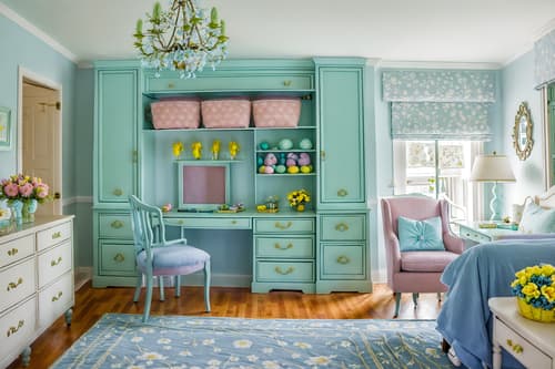 photo from pinterest of easter-style interior designed (hotel room interior) with dresser closet and bed and accent chair and working desk with desk chair and storage bench or ottoman and bedside table or night stand and mirror and hotel bathroom. . with light blue colors and flowers on table and colorful easter eggs and spring decorations and easter decorations and light blue colors. . cinematic photo, highly detailed, cinematic lighting, ultra-detailed, ultrarealistic, photorealism, 8k. trending on pinterest. easter interior design style. masterpiece, cinematic light, ultrarealistic+, photorealistic+, 8k, raw photo, realistic, sharp focus on eyes, (symmetrical eyes), (intact eyes), hyperrealistic, highest quality, best quality, , highly detailed, masterpiece, best quality, extremely detailed 8k wallpaper, masterpiece, best quality, ultra-detailed, best shadow, detailed background, detailed face, detailed eyes, high contrast, best illumination, detailed face, dulux, caustic, dynamic angle, detailed glow. dramatic lighting. highly detailed, insanely detailed hair, symmetrical, intricate details, professionally retouched, 8k high definition. strong bokeh. award winning photo.