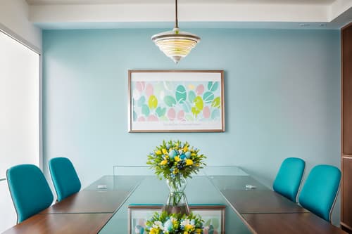 photo from pinterest of easter-style interior designed (meeting room interior) with boardroom table and vase and glass walls and office chairs and painting or photo on wall and plant and glass doors and cabinets. . with light blue colors and spring decorations and colorful easter eggs and flowers on table and easter decorations and light blue colors. . cinematic photo, highly detailed, cinematic lighting, ultra-detailed, ultrarealistic, photorealism, 8k. trending on pinterest. easter interior design style. masterpiece, cinematic light, ultrarealistic+, photorealistic+, 8k, raw photo, realistic, sharp focus on eyes, (symmetrical eyes), (intact eyes), hyperrealistic, highest quality, best quality, , highly detailed, masterpiece, best quality, extremely detailed 8k wallpaper, masterpiece, best quality, ultra-detailed, best shadow, detailed background, detailed face, detailed eyes, high contrast, best illumination, detailed face, dulux, caustic, dynamic angle, detailed glow. dramatic lighting. highly detailed, insanely detailed hair, symmetrical, intricate details, professionally retouched, 8k high definition. strong bokeh. award winning photo.
