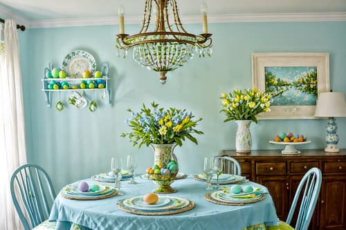 photo from pinterest of easter-style interior designed (dining room interior) with painting or photo on wall and light or chandelier and table cloth and dining table and plates, cutlery and glasses on dining table and plant and bookshelves and vase. . with light blue colors and easter decorations and spring decorations and colorful easter eggs and flowers on table and light blue colors. . cinematic photo, highly detailed, cinematic lighting, ultra-detailed, ultrarealistic, photorealism, 8k. trending on pinterest. easter interior design style. masterpiece, cinematic light, ultrarealistic+, photorealistic+, 8k, raw photo, realistic, sharp focus on eyes, (symmetrical eyes), (intact eyes), hyperrealistic, highest quality, best quality, , highly detailed, masterpiece, best quality, extremely detailed 8k wallpaper, masterpiece, best quality, ultra-detailed, best shadow, detailed background, detailed face, detailed eyes, high contrast, best illumination, detailed face, dulux, caustic, dynamic angle, detailed glow. dramatic lighting. highly detailed, insanely detailed hair, symmetrical, intricate details, professionally retouched, 8k high definition. strong bokeh. award winning photo.